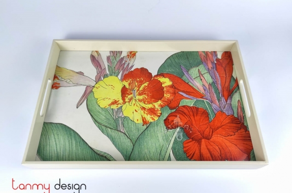 Cream rectangular lacquer tray with hand-painted flower 28*45cm